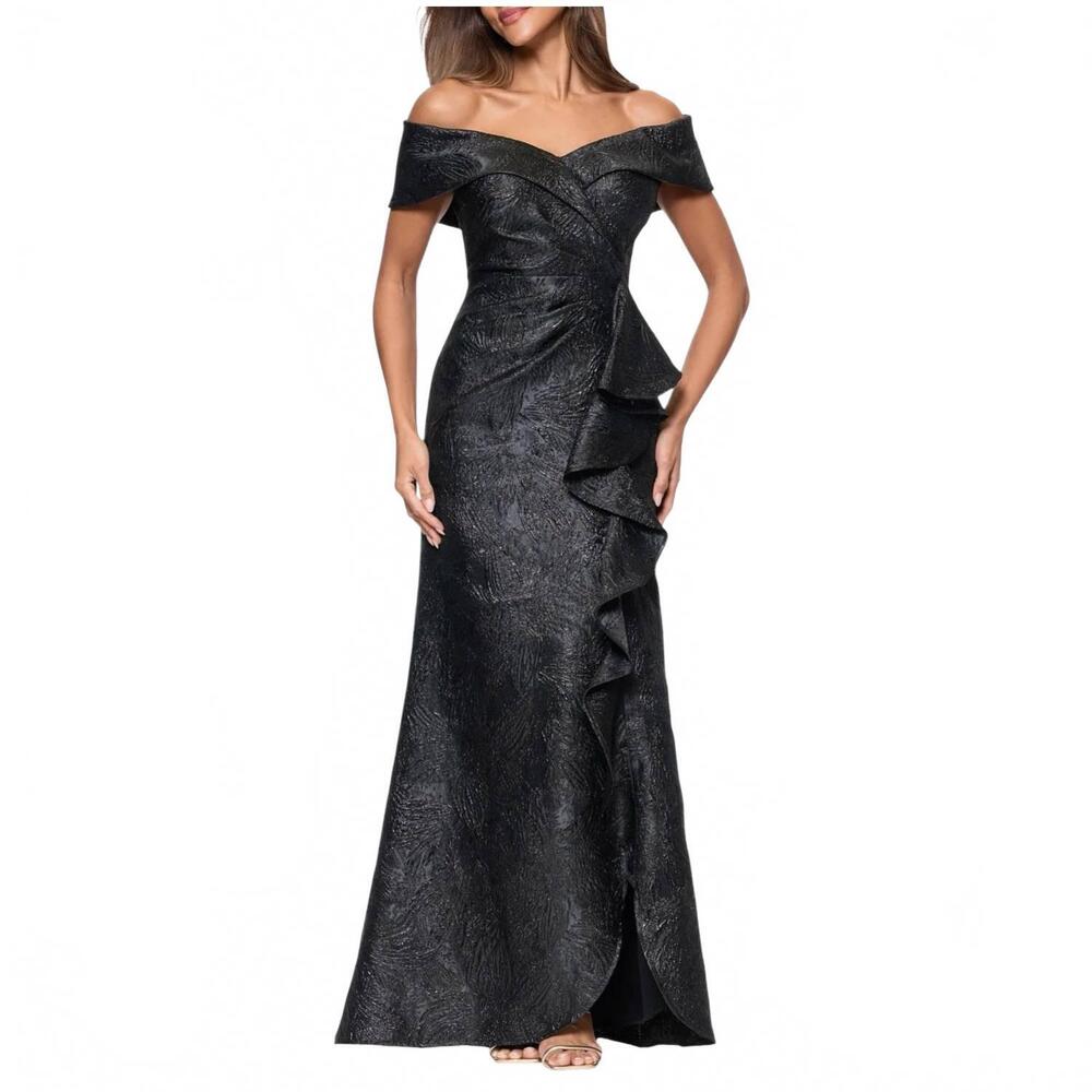 NEW XSCAPE evenings ruffle off-the-shoulder brocade gown in black